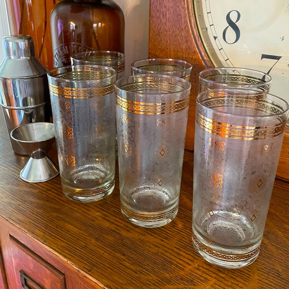 Cera RARE MCM 22k drinking glasses etched frosted 7 total vintage barware